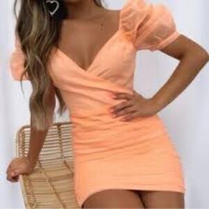 White Fox Elegant Peach Puff Sleeve Dress